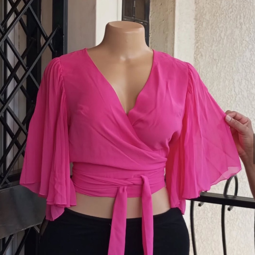 Express Pink Pleated Kimono Sleeve Surplice Wrap Blouse (NWT) - Picture 4 of 6